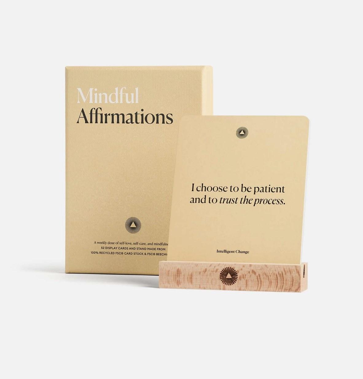 Mindful Affirmations cards on a wooden stand