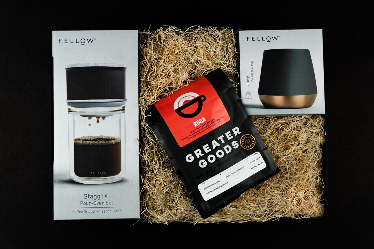 Coffee Snob box: Fellow Stagg pour-over set, Greater Goods coffee, and a Fellow Joey mug