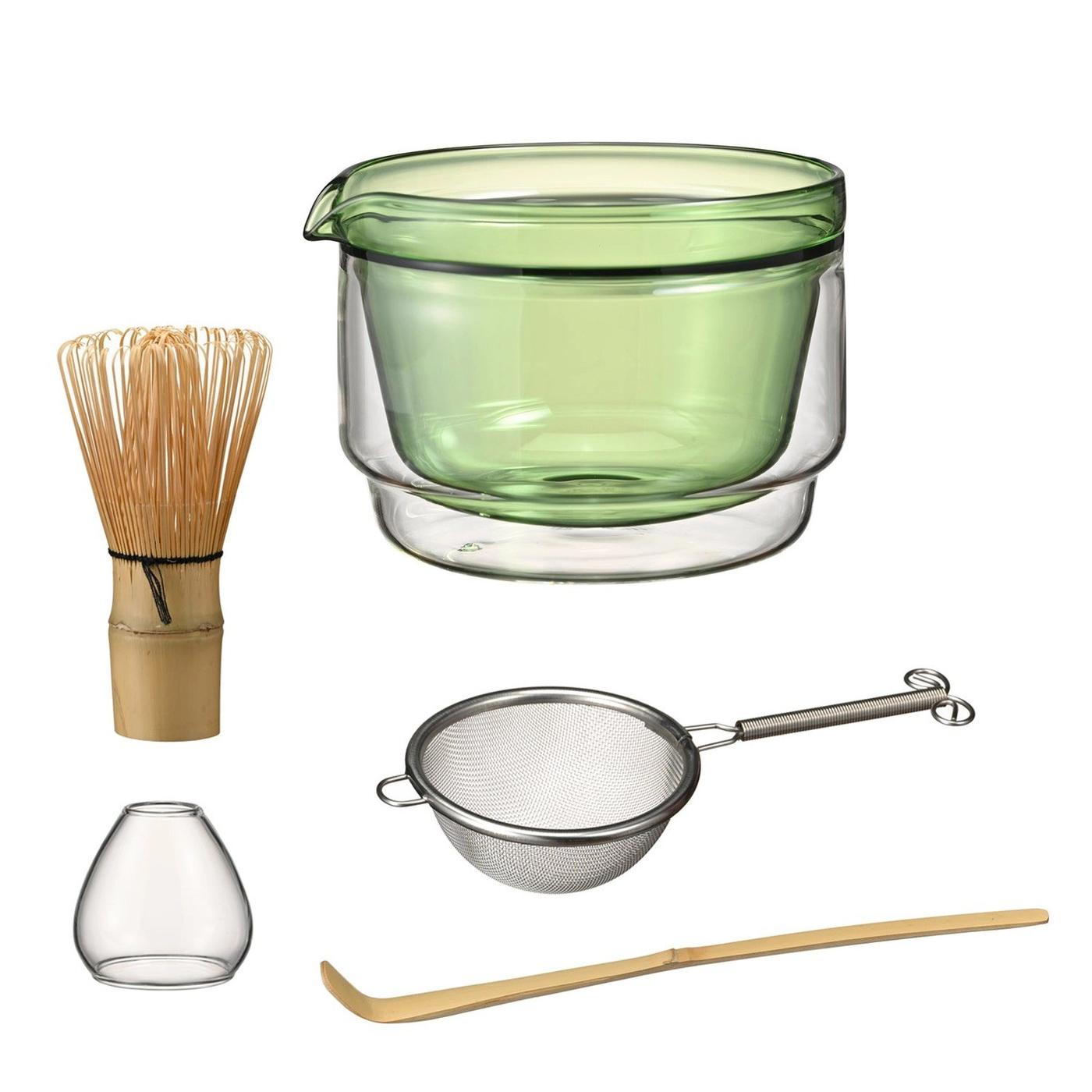 Hario matcha set laid out: whisk, glass bowl, sifter, scoop